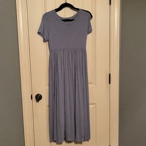 Light blue mid length dress.